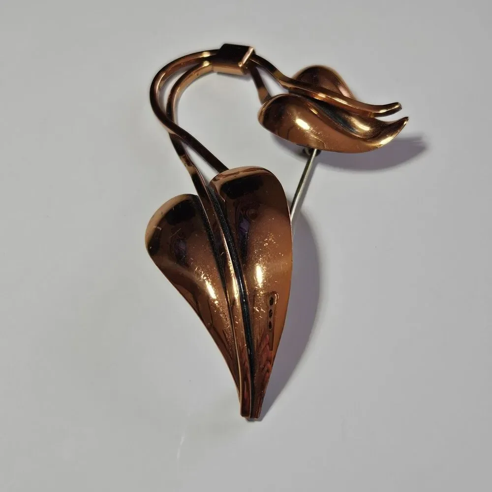 Vintage Midcentury Copper Modernist Renoir Leaf Brooch Pin